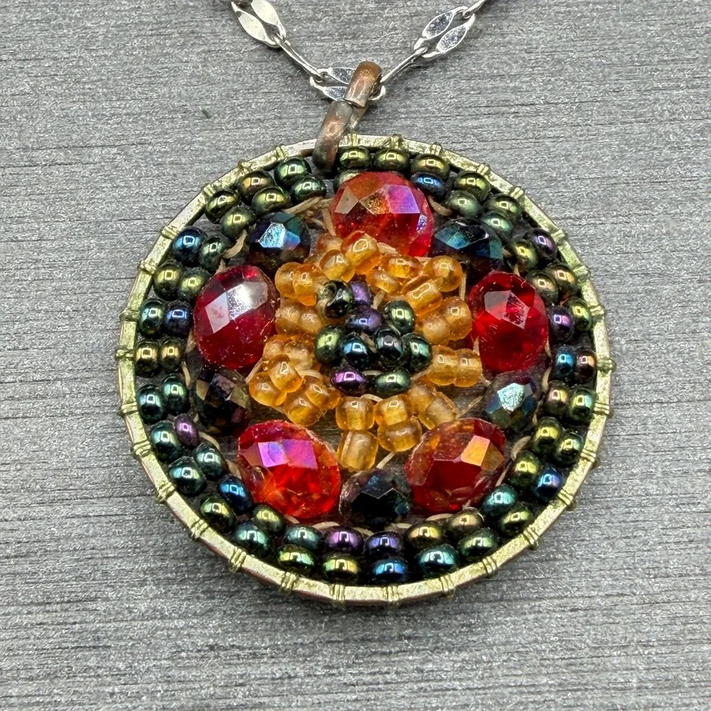 Multicolor Beaded Mosaic Pendant Necklace Stainless Steel Chain Boho Statement